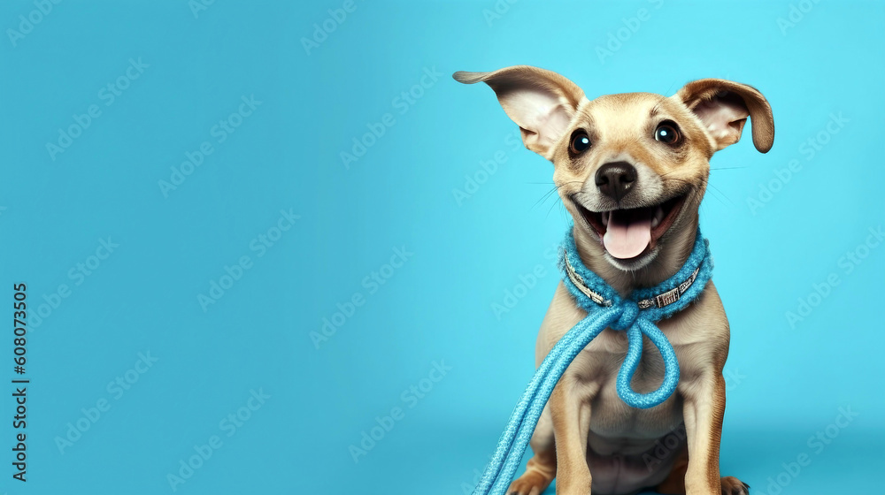 Cute puppy with leash ready to walk on blue background. Generative ai illustration