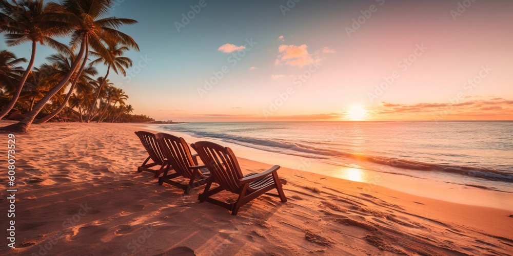 Portrait beautiful sunset on the beach with coconut trees AI Generative