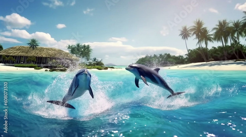 Dolphins jumping out of the ocean. Generative ai illustration © ardanz