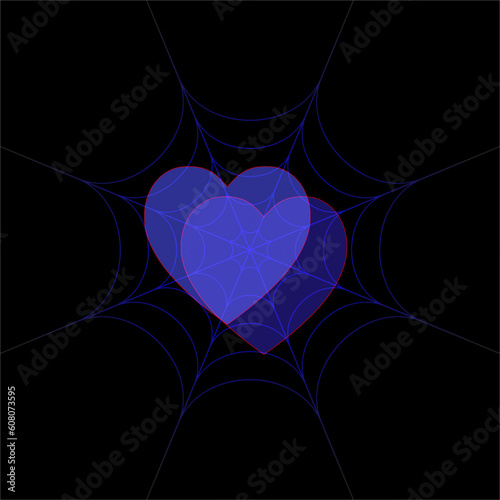 Abstract background illustration of spider web in blue light and double hearts in blue color orange border.