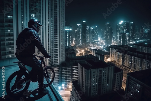motorcyclist racer on sports motorcycle on roof of skyscraper at night. Generative AI