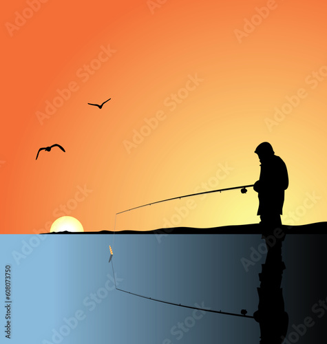 Realistic illustration fishing on lake at a dawn. Vector