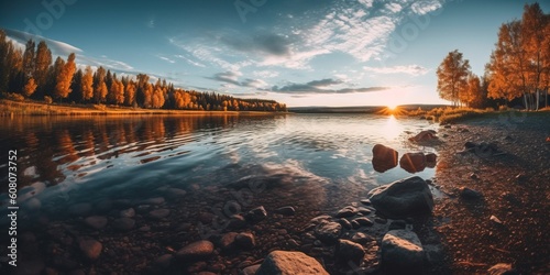 Beautiful sunrise over the lake AI Generative