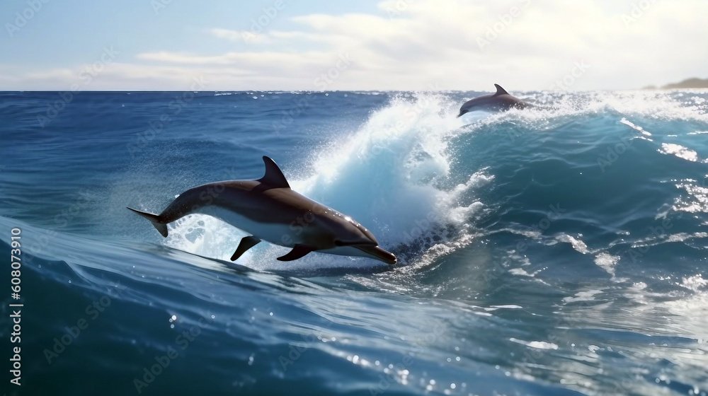 Naklejka premium Two dolphins jumping out of the ocean. Generative ai illustration