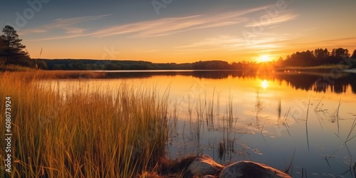 Beautiful sunrise over the lake AI Generative