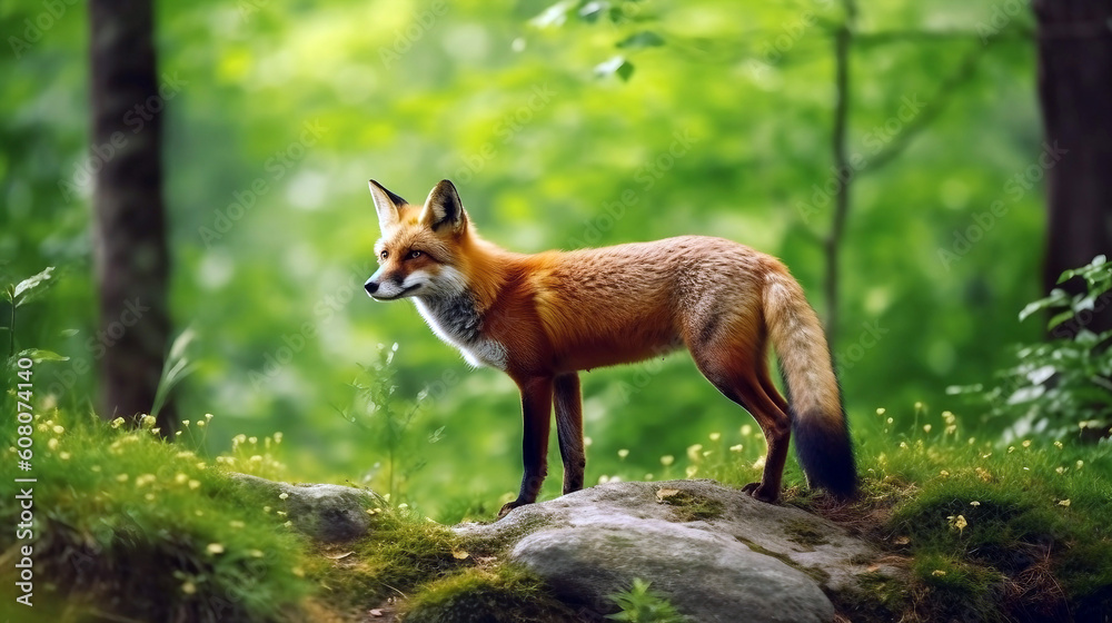 Red fox standing on a rock in the forest and looking at something, generative ai Red fox standing on a rock in the forest and looking at something, generative ai