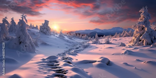 Portrait sunrise over the snowy mountain AI Generative