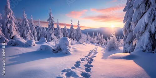 Portrait sunrise over the snowy mountain AI Generative