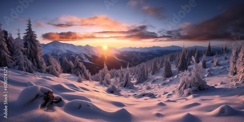 Portrait sunrise over the snowy mountain AI Generative