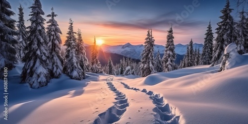 Portrait sunrise over the snowy mountain AI Generative