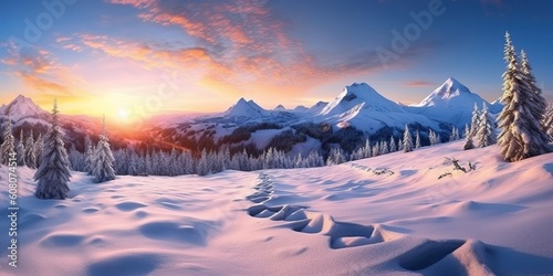 Portrait sunrise over the snowy mountain AI Generative