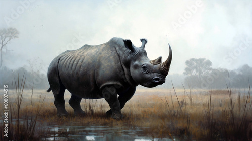 Rhinoceros in smoky grassland  generative ai illustration