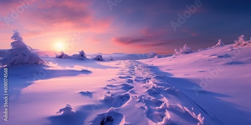 Portrait sunrise over the snowy mountain AI Generative