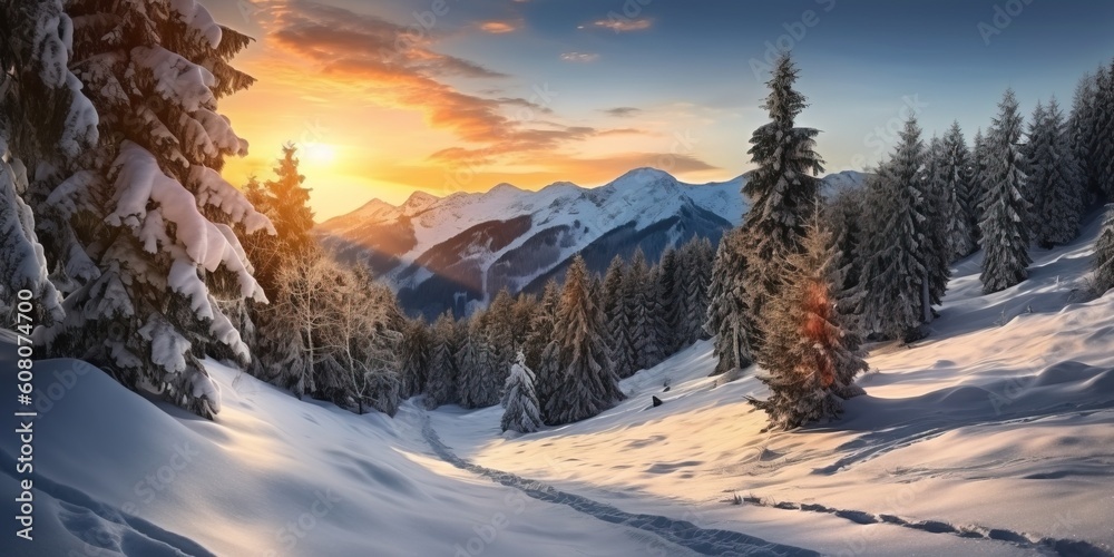 Portrait sunrise over the snowy mountain AI Generative