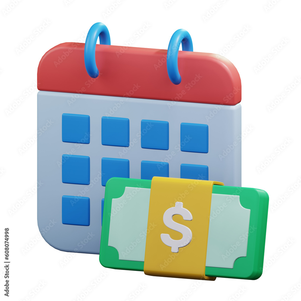 calendar with money bundle for payment salary schedule financial concept 3d render icon illustration design