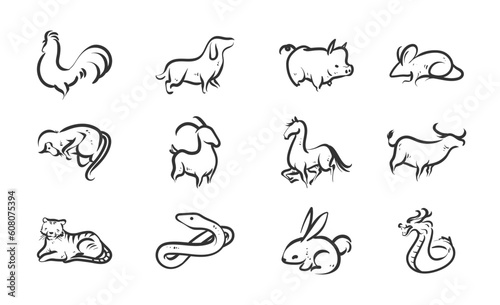 An image of a chinese astrology animal line drawings. Chinese Astrology Animal Silhouettes