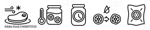 Conjunto de iconos de conservación de los alimentos. Congelación, esterilización, fermentación, disecación, envasado al vacío. Ilustración vectorial