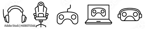 Conjunto de iconos de accesorios de juegos. Audífonos, silla, mando, ordenador, realidad virtual. Ilustración vectorial