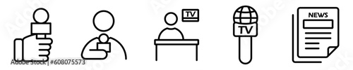 Conjunto de iconos de periodismo. Concepto de comunicación. Noticia del día, reportaje, entrevista, transmisión, periódico. Ilustración vectorial