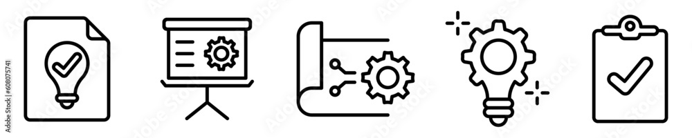 Conjunto de iconos de proyecto. Concepto de estrategia, plan y tecnología. Ajustes. Ilustración vectorial Conjunto de iconos de proyecto. Concepto de estrategia, plan y tecnología. Ajustes. Ilustración vectorial