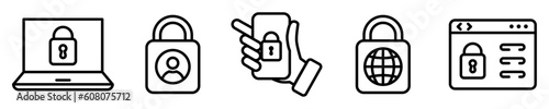 Conjunto de iconos de seguridad en redes de datos. Concepto de privacidad. Bloqueo del dispositivo, contraseña. Ilustración vectorial