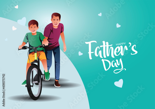 Happy fathers day. Father teaching little son riding bicycle. abstract vector illustration design