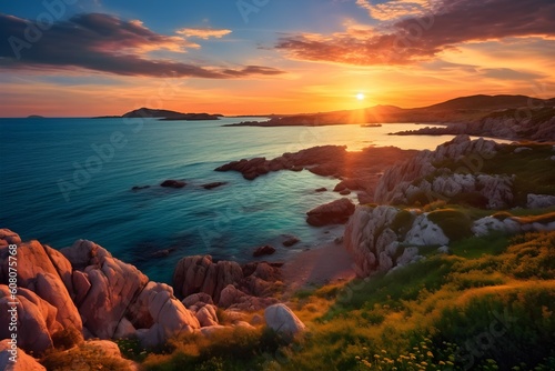 Vibrant morning view in Sardinia  Italy  Europe. An inspiring sunrise on the Del Sinis peninsula. A picturesque seascape of the Mediterranean Sea.