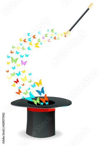 illustration of butterflies coming out of magic hat on isolated background