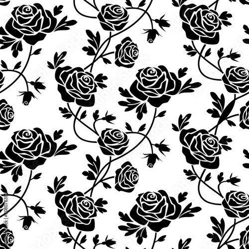 Romantic roses seamless pattern, black flowers at white background, repeating design.