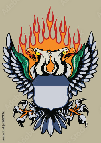 The eagle with two heads. On the front a heraldic shield. The flame as a background.