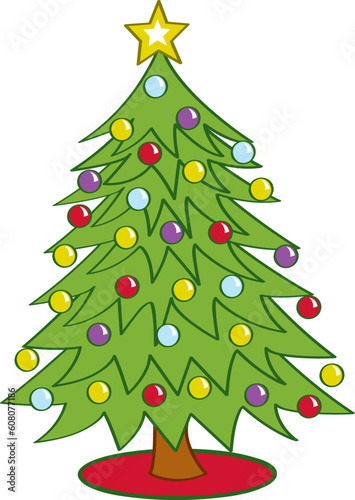 Cartoon Christmas tree decorated with ornaments.
