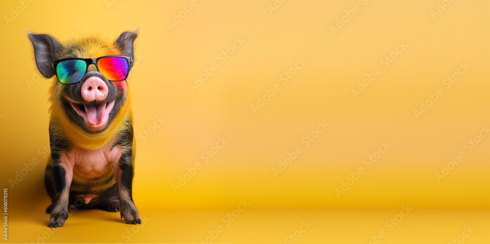 close up of a pig wearing glasses. isolated on yellow background with copy space. generative ai