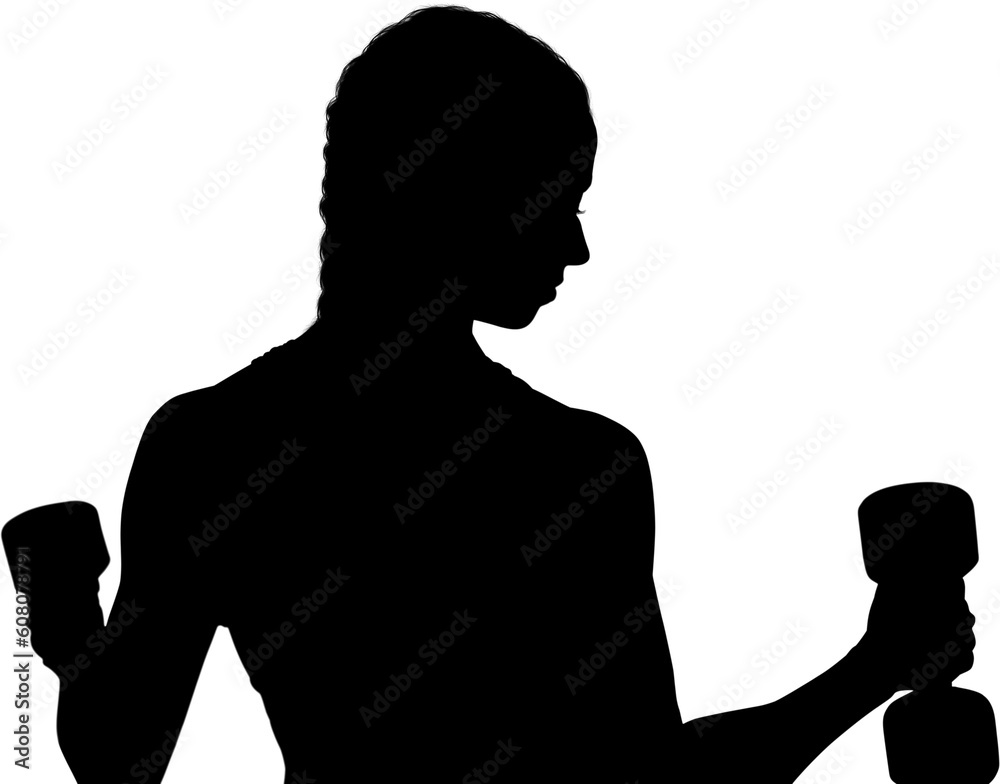 Digital png silhouette image of woman holding dumbbells on transparent background