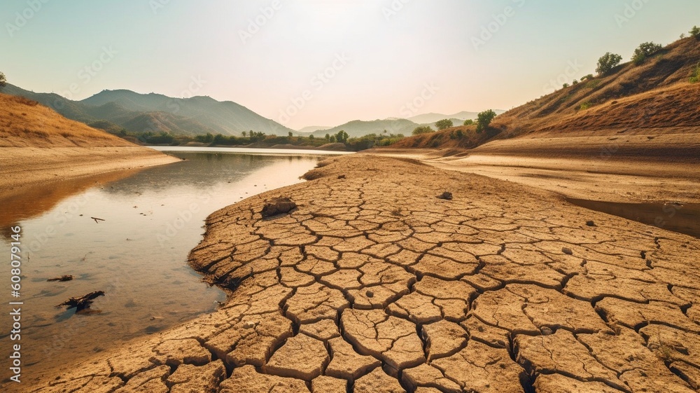 Lake and river drying up in the summer, the water problem, and drought are all effects of climate change. GENERATE AI - obrazy, fototapety, plakaty 