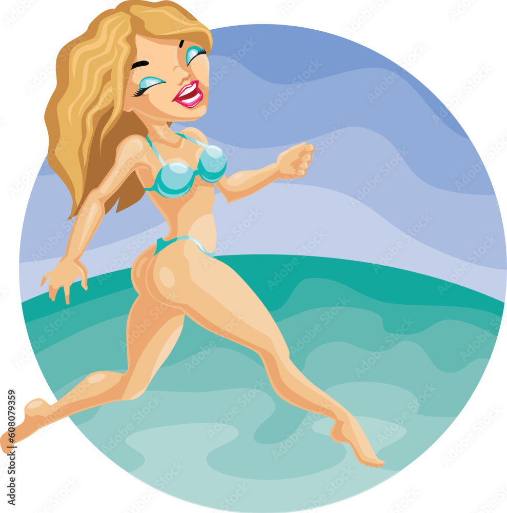 a beautiful young smiling pretty cute blond girl in bikini run on the beach. eps8
