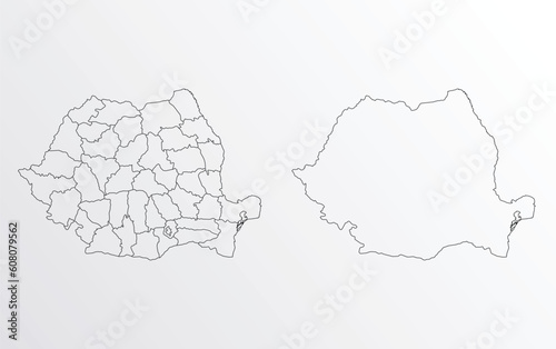 Black Outline vector Map of Romania with regions on white background
