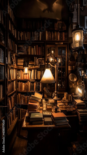 an antique bookstore filled with rows of well-loved books  rustic wooden shelves  and the soft glow of a reading lamp  at dusk  a cozy  4k  generative AI