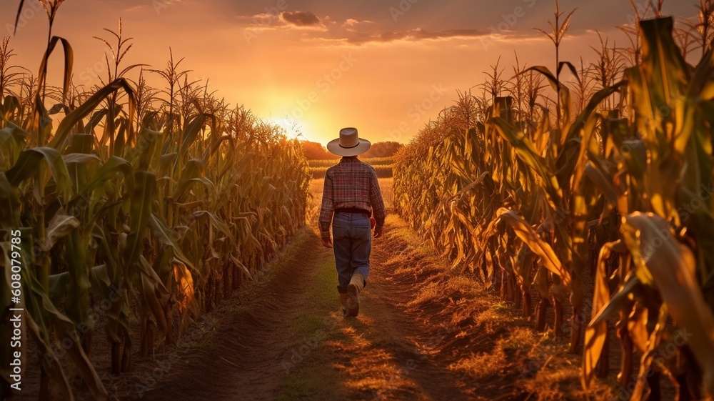 Fototapeta premium Farmer strolling among cornfields at dusk. GENERATE AI