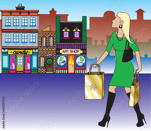 Vector Illustration of a blond woman Christmas shopping with bags dressed fashionably.