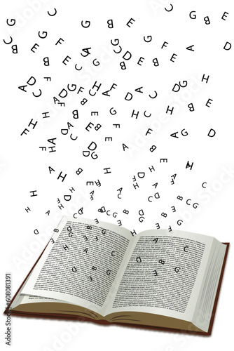 illustration of book with flying text