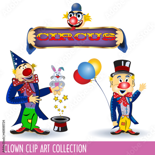 Vector illustration of three clip art clowns in different situations.