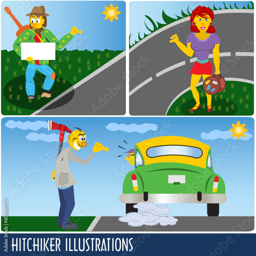 Clip-art collection of three hitchhiker color illustrations