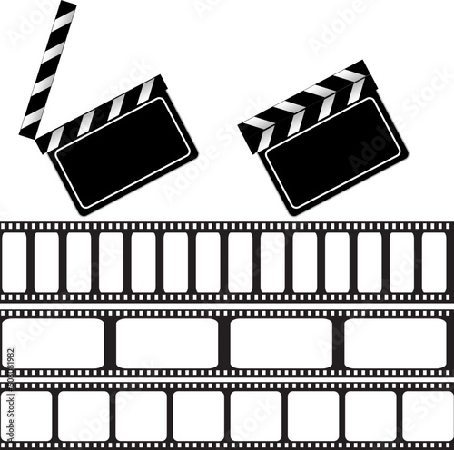 Movie clapper board and filmstrip vector illustration for your design. isolated on white