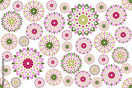 Abstract circle floral-like seamless pattern.  Geometric elements in pink, green and red  on white background. For cloth shirt lady dress decoration table cover spring summer picnic 