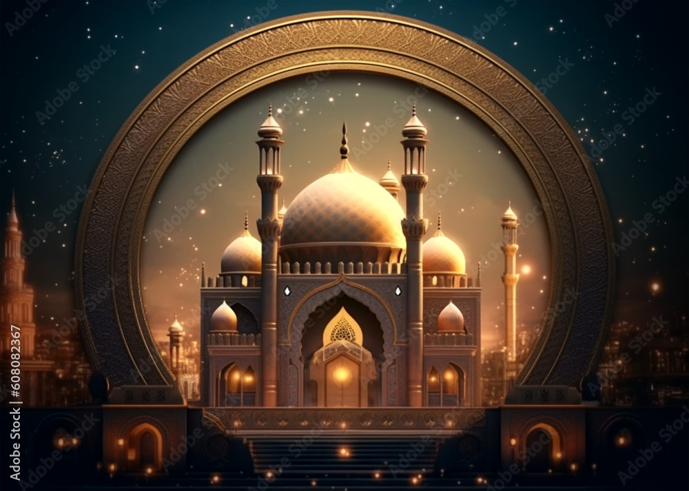 islamic background with mosque illustration, generative ai