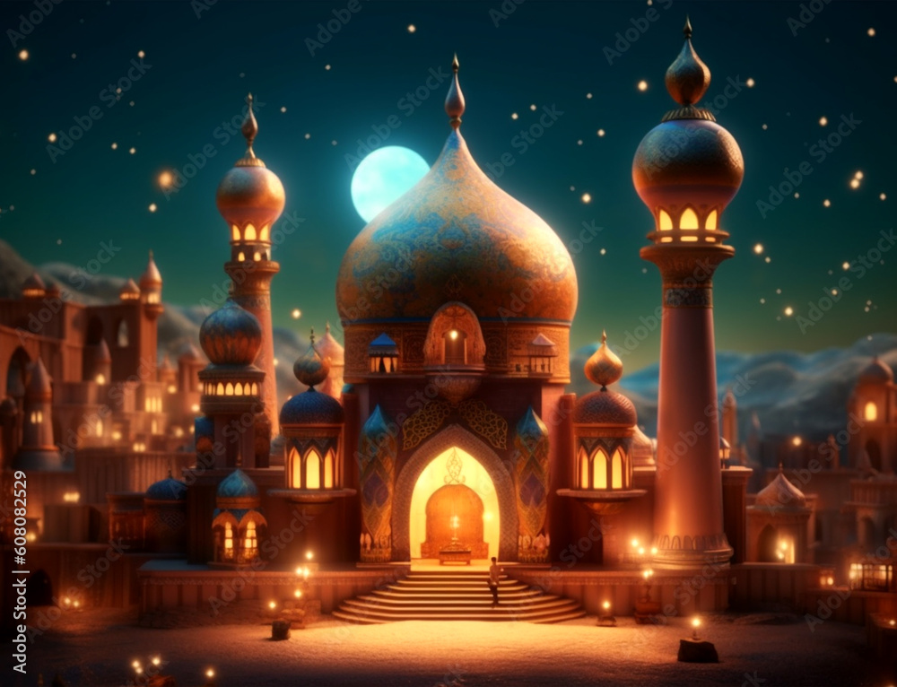 islamic background with mosque illustration, generative ai