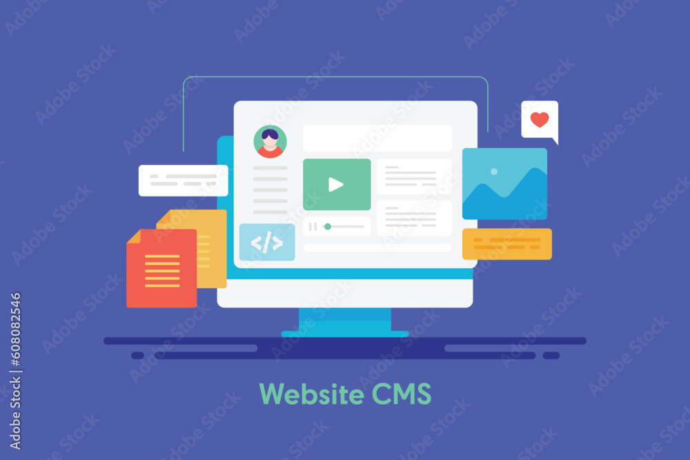Web application interface of content management system. Content publication platform, social media marketing blogging concept, vector illustration banner. Web application interface of content management system. Content publication platform, social media marketing blogging concept, vector illustration banner.