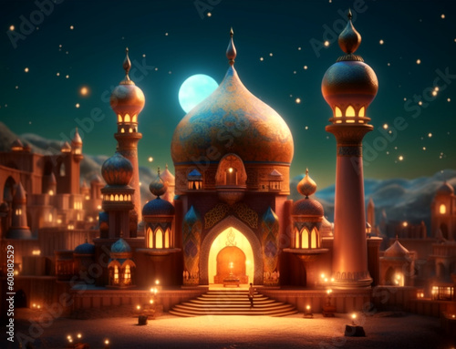 islamic background with mosque illustration, generative ai © neng kokom komala