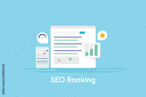 Website ranking on search engine page with business geo location map, mobile SEO, data analytics concept, vector illustration web banner.