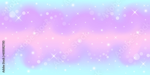 Holographic fantasy rainbow unicorn background with stars. Pastel color sky. Magical landscape, abstract fabulous pattern. Vector.